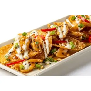 Asian Chicken Nachos
Wonton Chips, Melted Cheese, Thai Peanut Sauce, Green Onion, Sesame and Wasabi Cream